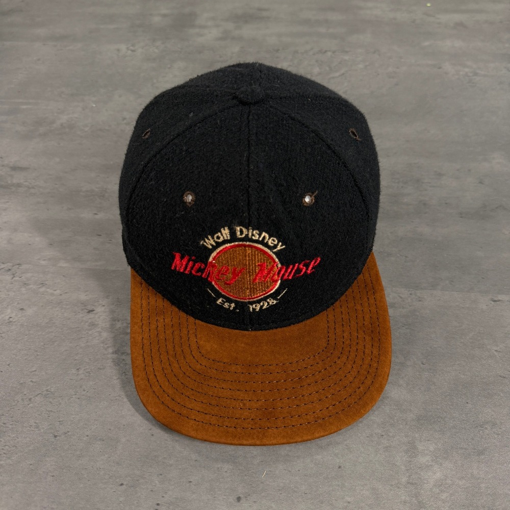 Vintage 80s Walt Disney‎ Mickey Mouse Snapback Hat Black Brown Suede USA Made